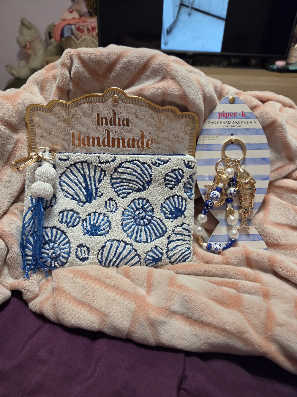 Handmade Beaded Shell Clutch with Blue Tassel
